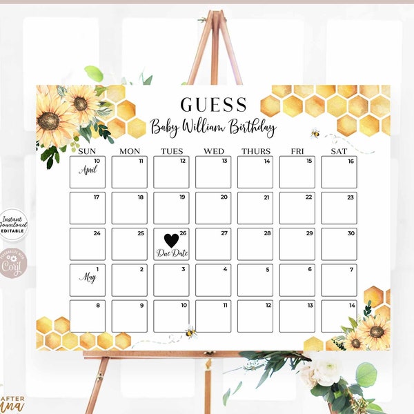 Editable Sunflower Rustic Honey Bee White Floral Due Date Calendar Sign Sign A Little Cutie Printable Template Instant Download 846V1