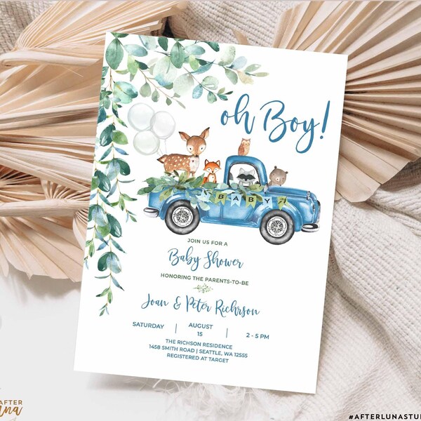 Editable Boy Woodland Pickup Truck Baby Shower Invitation Blue Truck Greenery Woodland Animals Bear Shower Instant Download Template AL572