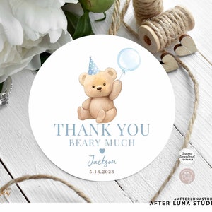 Editable Blue Boy Teddy Bear Birthday Boy Beary First Thank You Favor Gift Tag Favor Round Sticker Template Instant Download 904K3