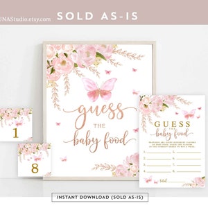 Butterfly Guess the Baby Food Game Blush Pink Rose Gold Butterfly Baby Shower Sprinkle Games Digital Printable Instant Download 1406