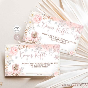 Bearbeitbare Winter Rosa Schneeflocke Teddy Bär Mädchen Baby Shower Windel Tombola Ticket einfügen Editierbare Invite Insert Sofortiger Download 389V2