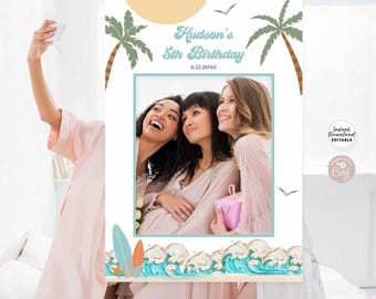 Boy's Surfing The Big One Birthday Photo Booth Frame: Selfie Board (24x36") Template 630K1