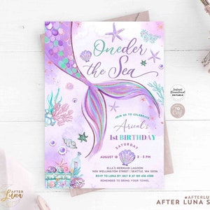 Editable ONEder the Sea Mermaid Purple Teal First 1st Mermaid Birthday Little Mermaid Invite Printable Template Instant Download 1329V2 (2)