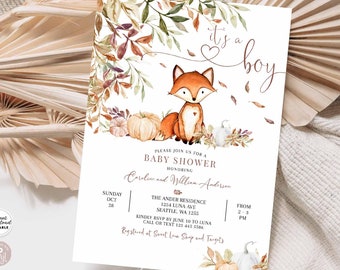 May include: A baby shower invitation featuring a watercolour illustration of a fox sitting amongst pumpkins and autumn leaves. The text reads "It's a boy" and includes details for the shower, including the date, time, location, and RSVP information.