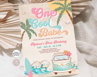 Bearbeitbare Pink Mint One Cool Babe Surfen 1. Geburtstagseinladung Mädchen Surf Van Surfbrett Strandparty Einladung Sofortdownload 661K4 (8)