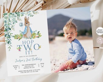 Editable Hop TWO It Peter Rabbit 2nd Birthday Photo Invitation Boy Bunny Rabbit Birthday Printable Template Instant Download 1455K1 (2-2)