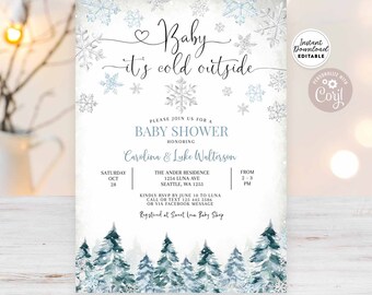 Editable Rustic Baby It's Cold Outside Winter Tree Invitation Winter Snowflake Blue Silver Invitation Template Instant Download 120V1 (2)