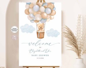 Editable Blue Hot Air Balloon Boho Blue Bear We Can Bearly Wait Baby Shower Welcome Sign Decor Decors Template Instant Download 905V1 (2)