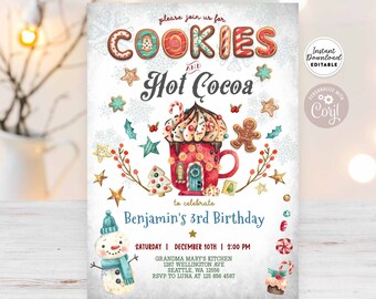 Könnte beinhalten: Eine festliche Einladung mit dem Text "Cookies and Hot Cocoa" und "Benjamin's 3rd Birthday." Das Design zeigt Lebkuchen, einen Schneemann und eine verzierte Tasse heiße Schokolade. Der Hintergrund ist ein helles, verschneites Muster.