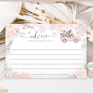 Tarjeta de consejos para mamá y padres con diseño de copo de nieve rosa personalizado editable para bebé, camión del bosque, descarga instantánea imprimible 1319V1