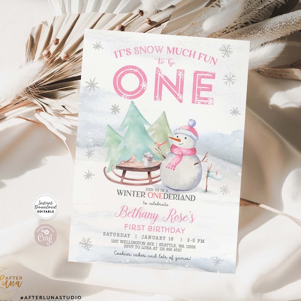 Editable Girl Pink Snowman Winter ONEderland Birthday Invitation Girl Snow Much Fun To Be One Invite Template Instant Download 57K4