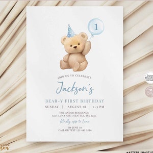 Modificabile QUALSIASI ETÀ Ragazzo Teddy Bear Birthday Invitation Blue Balloon Beary 1st Birthday Invite Printable Template Instant Download 904K3 (2)