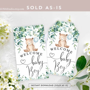 Greenery Bear Teddy Bear Welcome Baby Boy Tag Baby Shower Sprinkle Games Instant Download (Sold As-Is) 1432V1