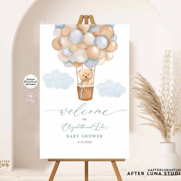 Editable Blue Hot Air Balloon Boho Blue Bear We Can Bearly Wait Baby Shower Welcome Sign Decor Decors Template Instant Download 905V1 (2)