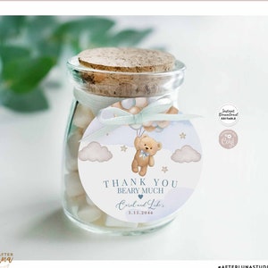 Modèle d'autocollant rond bleu modifiable pour baby shower, cadeau de remerciement, cadeau d'anniversaire pour garçon 902V1