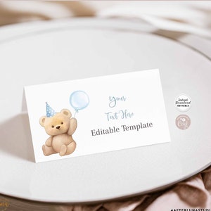 Editable Oso de peluche Globo azul plegado Buffet Etiqueta de alimentos Carpa Lugar Tarjeta Buffet Etiqueta de alimentos Tarjeta de nombre de invitado Plantilla Descarga instantánea 904K3