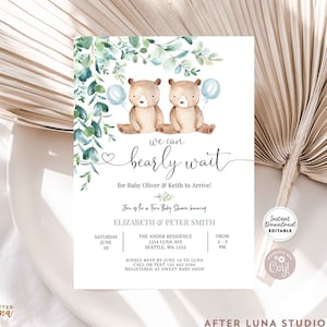 Editable TWINS We Can Bearly Wait Baby Shower Invitation Twin Boy Teddy Bear Baby Shower Sprinkle Invites Template Instant Download 1432V7