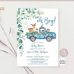 Bewerkbare Woodland Blue Truck Baby Shower Uitnodiging Boy Blue Pickup Truck Greenery Woodland Animal Bear Uitnodigen Instant Download AL572 V5