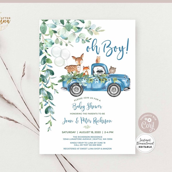 Editable Woodland Blue Truck Baby Shower Invitation Boy Blue Pickup Truck Greenery Woodland Animal Bear Invite  Instant Download AL572 V5