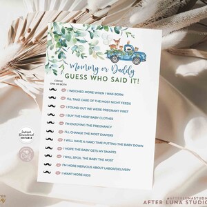 Bewerkbare gepersonaliseerde Greenery Woodland Truck Papa of mama Raad wie zei het virtuele babyshower spel Afdrukbare Instant Download AL572