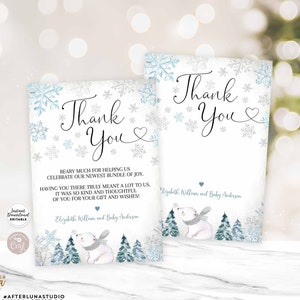 Editável personalizado azul inverno urso polar cinza floco de neve chá de bebê obrigado cartão plano modelo editável/download instantâneo 874v1