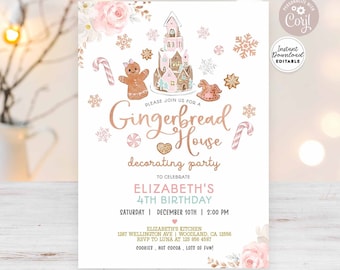 Editable ANY AGE Gingerbread House Decorating Birthday Invitation Pink Winter Rose Gold Birthday Invite Template Instant Download 154 (4)