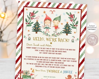 May include: A printable Christmas elf letter template with a red and green striped background. The letter is addressed to Jacob and Peter and says "Hello, we're back!" The letter includes a date of return, December 10, 2088. The template is editable and can be personalized with the name of the elf.