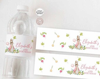 May include: Printable water bottle labels featuring a watercolor illustration of a bunny rabbit with a pink dress and a bouquet of flowers. The labels are designed for a 2nd birthday party and include the text "Elizabeth's 2nd Birthday".