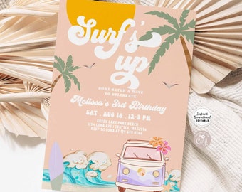 May include: A pink and yellow invitation with the text "Surf's Up" in a retro font. The invitation is for Melissa's 3rd birthday party and includes a cartoon image of a van with a surfboard on the side. The text on the invitation says "Come catch a wave to celebrate Melissa's 3rd Birthday. Sat. Aug 18, 12-3 PM. Green Lake Park Beach, 1254 Luna Ave I Seattle, WA 12556. RSVP to Luna at 125 659 8566."