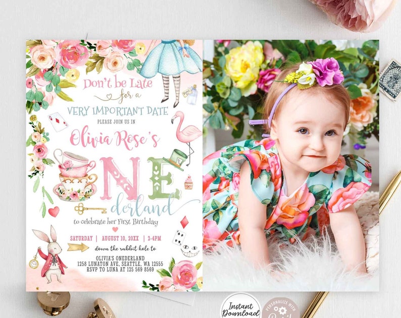 Editable Alice in Wonderland Invitation Alice in Onederland 1st Birthday Party Photo Invite Printable Template Instant