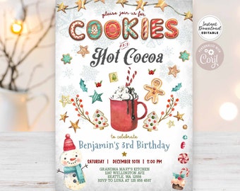 Könnte beinhalten: Eine Geburtstagseinladungsvorlage mit dem Text "COOKIES AND Hot Cocoa". Das Design umfasst Illustrationen von Keksen, einem Schneemann, einer Tasse heißer Schokolade und Weihnachtsdekorationen. Die Einladung ist für Benjamins 3. Geburtstag.