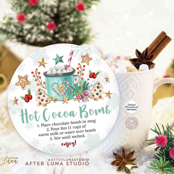 EDITABLE Christmas Hot Cocoa Chocolate Teal Bomb Tag Hot Chocolate Bomb Tags Sticker Labels Printable Template Instant Download 747 (3)