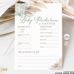 Prédictions et conseils pour bébés modifiables en herbe de la pampa vert sauge jeux de baby shower pour couples bohèmes imprimables téléchargement immédiat 212V6