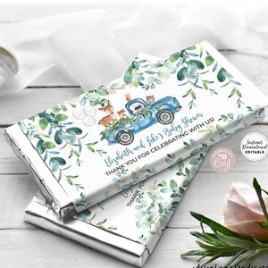 Editable Greenery Woodland Blue Truck Chocolate Bar Wrapper Baby Shower Sprinkle Candy Bar Wrapper Printable Template Instant Download AL572