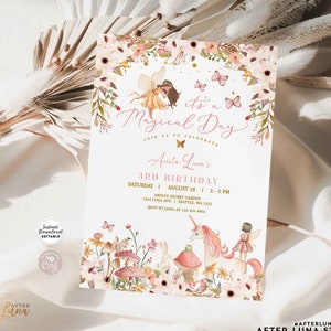 Invitation d'anniversaire fée licorne magique enchantée modifiable, animaux de la forêt de jardin, invitation d'anniversaire florale, téléchargement immédiat 958V1