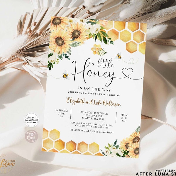 Editable Sunflower Bee A Little Honey Baby Shower Invitation Gender Neutral Baby Shower Invite Printable Template Instant Download 846V1 (2)