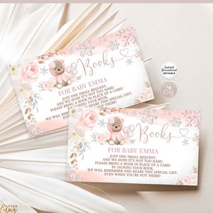Bewerkbare winter roze sneeuwvlok teddybeer meisje baby shower boeken voor baby verzoek invoegkaart bewerkbare uitnodiging invoegen instant download 389V2