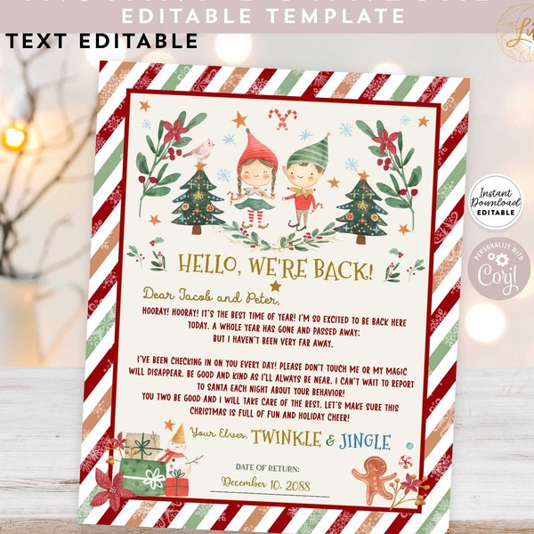 EDITABLE Girl Boy 2 Elfen Brief Aankomst Hello Letter Elf Return Letter Ik ben back letter 2 Elf Letter Template Instant Download 215