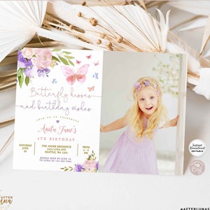 Editable Butterfly Kisses and Birthday Wishes Birthday Photo Invitation Pink Purple Butterfly Birthday Invite Template Instant Download K179