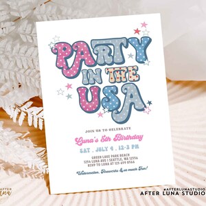 Editable ANY AGE 4th of July Party In The USA Birthday Invitation Girl Pink Groovy America Birthday Invites Instant Download 657K1 (1-1)