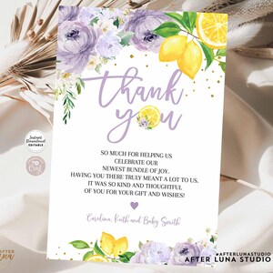 Editable Lemon Thank You Thank You Flat Card Baby Shower Sprinkle Purple Lemon Lemonade Birthday Instant Download 1490V2