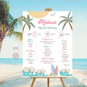 Editable Pink Purple The Big One 1st Birthday Party Milestone Poster Birthday Fact Surf Van Surfboard Beach Party Instant Download 630K2