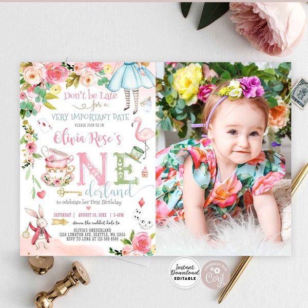 Editable Alice in Wonderland Invitation Alice in Onederland 1st Birthday Party Photo Invite Printable Template Instant Download 789 (6)