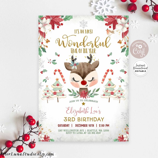 Editable ANY AGE Christmas Reindeer Birthday Invitation Girl Red Winter Snowflake Girl Birthday Party Template Instant Download 281