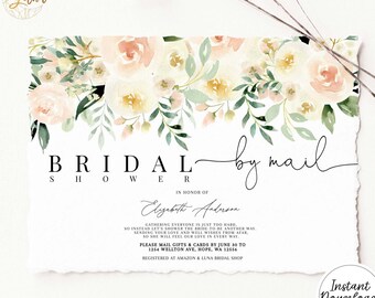 May include: A printable bridal shower invitation with a watercolor floral design in shades of pink, white, and green. The text reads "Bridal Shower by Mail" and includes the bride's name, the date, and the address to send gifts. The invitation is editable and can be downloaded instantly.
