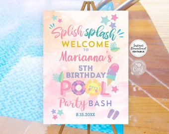 Editable Splish Splash Pool Side Party Birthday Welcome Yard Sign Summer Water Pool Side Party Printable Template Instant Download 919V10