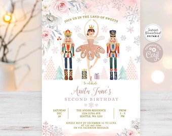 Editable Nutcracker Birthday Invitation Sugar Plum Fairy Invite Pink Gold Land of Sweets Birthday Invite Template Instant Download 190