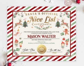 EDITABLE Nice List Certificate Printable Santa’s Official Document Girl Boy Elf Nice List Certificate Template Instant Download 215