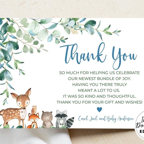 Editable Drive by Woodland Thank You Card Shower by Mail - Etsy