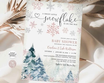 May include: A baby shower invitation with a watercolor background featuring a winter scene with snowflakes and pine trees. The text reads "A Sweet Little Snowflake is on the Way" and includes the details for the baby shower, including the date, time, location, and RSVP information.